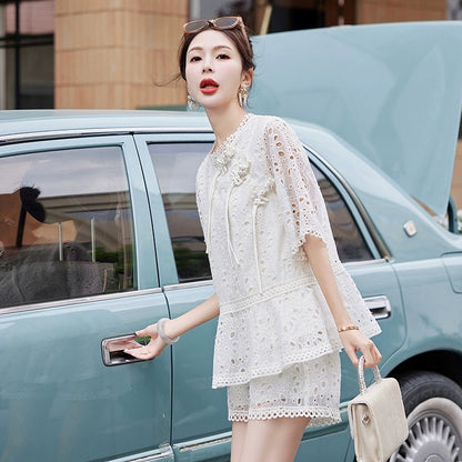 2024 summer new fashion retro embroidered disc buckle lace shorts suit slim new Chinese two-piece set