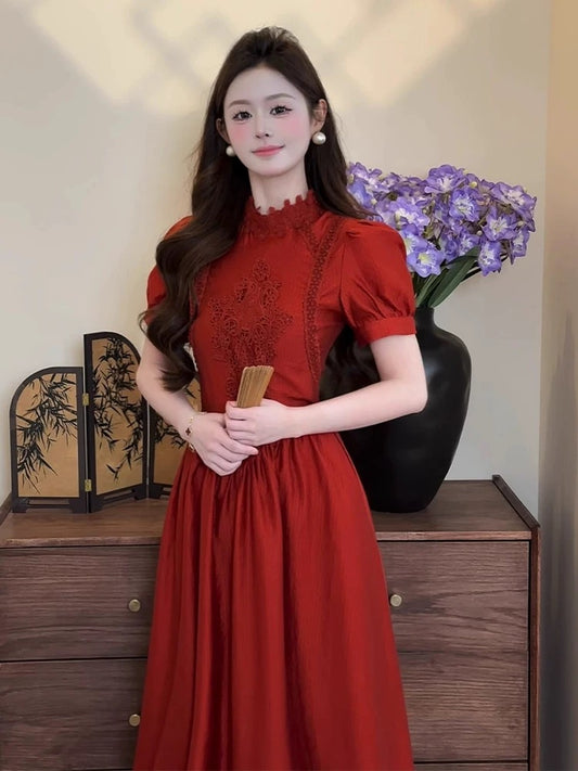Qiqihenmang [Moulin Rouge] 2025 Summer New Product Red Slimming New Chinese Style Cheongsam Dress