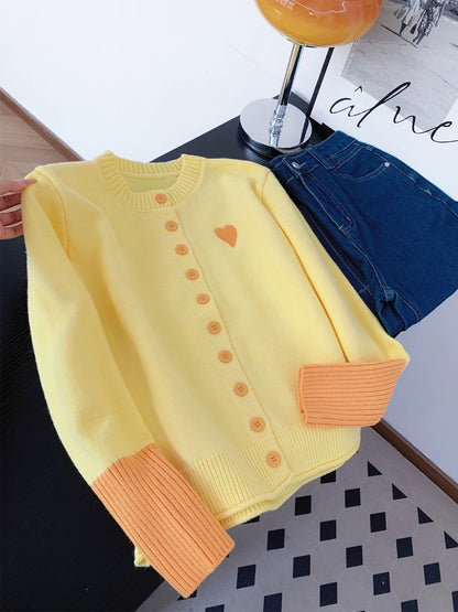 Dopamine yellow heart embroidered sweater knitted cardigan women's autumn and winter warm soft sticky contrast color stitching jacket top