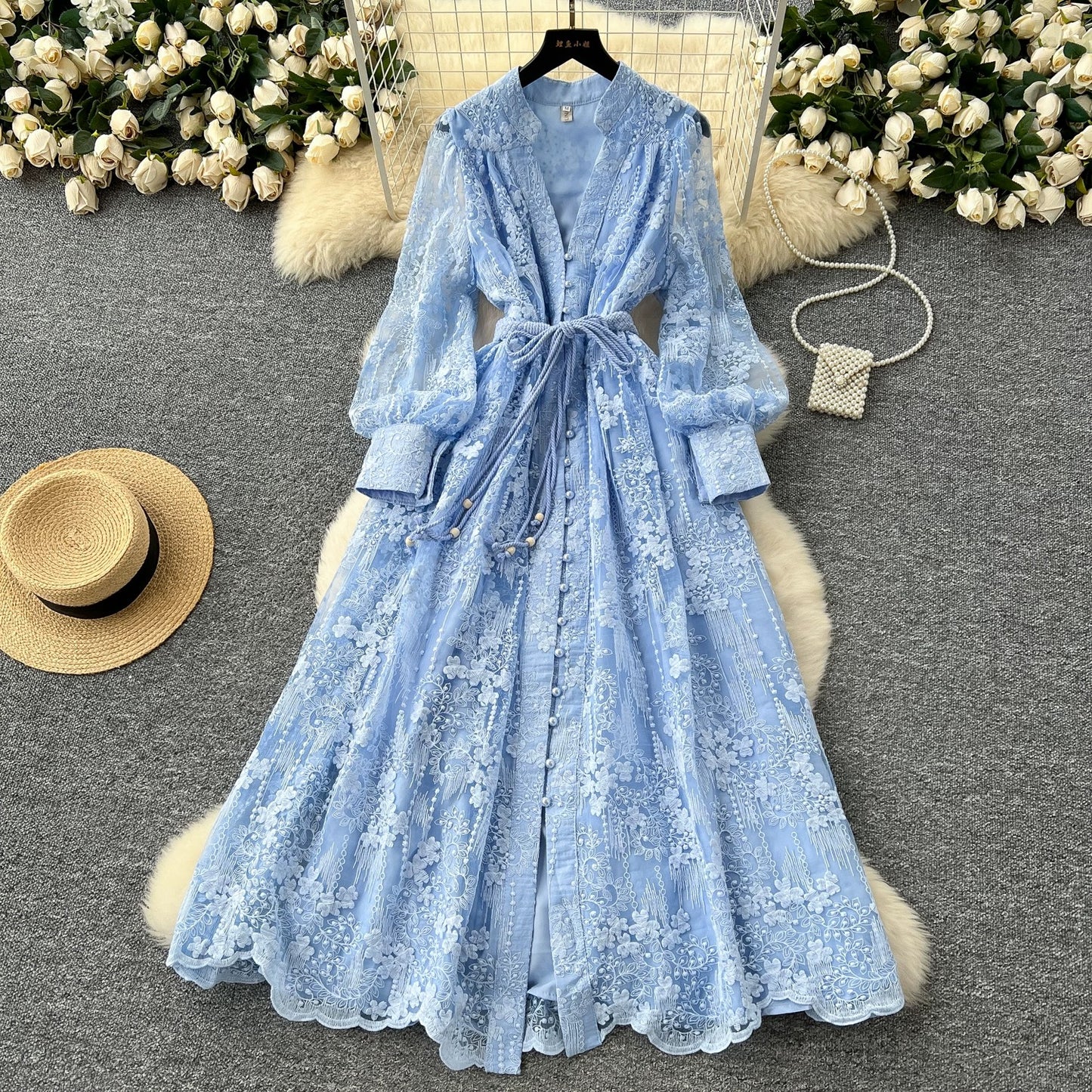 French high-end women's dress 2025 spring waist heavy embroidery V-neck lantern sleeves single-breasted long skirt