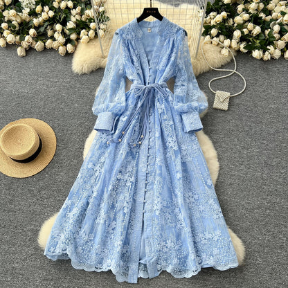 French high-end women's dress 2025 spring waist heavy embroidery V-neck lantern sleeves single-breasted long skirt