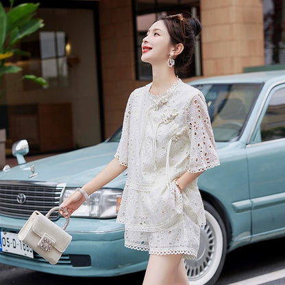 2024 summer new fashion retro embroidered disc buckle lace shorts suit slim new Chinese two-piece set