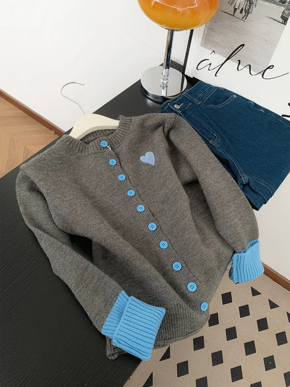 Dopamine yellow heart embroidered sweater knitted cardigan women's autumn and winter warm soft sticky contrast color stitching jacket top