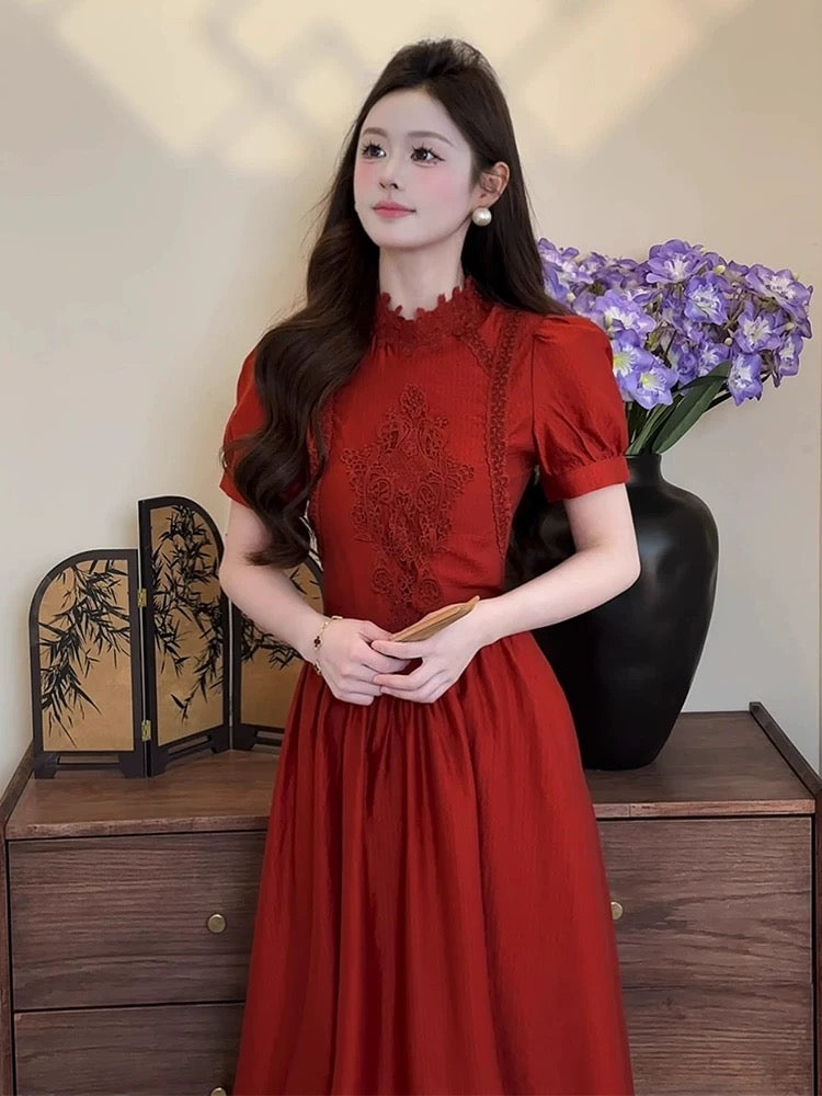 Qiqihenmang [Moulin Rouge] 2025 Summer New Product Red Slimming New Chinese Style Cheongsam Dress