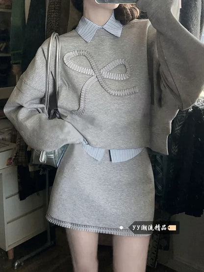 Spring Korean style outfits, a complete set of 2025 spring super beautiful dresses, gray sweatshirts and short skirts, two-piece suits
