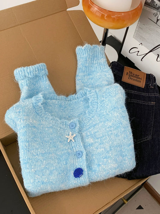 Korean style gentle style shell button knitted cardigan sweater women's autumn and winter age-reducing lazy casual soft glutinous top jacket