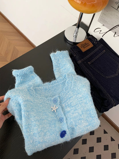 Korean style gentle style shell button knitted cardigan sweater women's autumn and winter age-reducing lazy casual soft glutinous top jacket