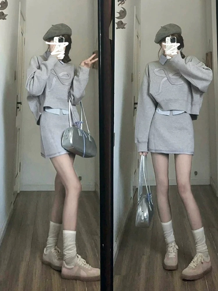 Spring Korean style outfits, a complete set of 2025 spring super beautiful dresses, gray sweatshirts and short skirts, two-piece suits