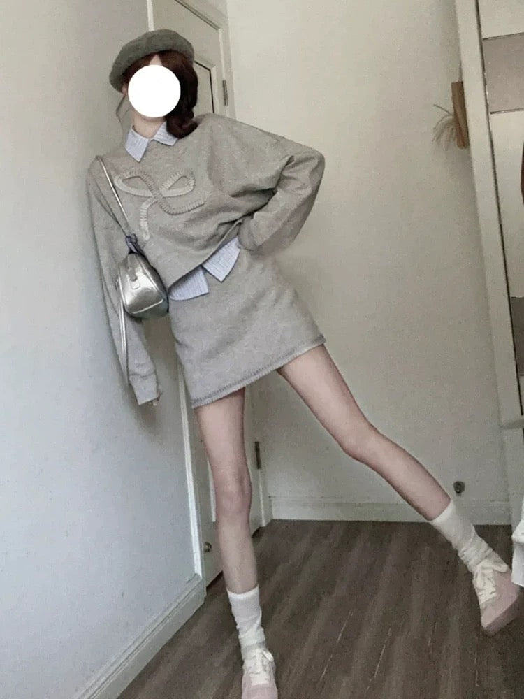 Spring Korean style outfits, a complete set of 2025 spring super beautiful dresses, gray sweatshirts and short skirts, two-piece suits