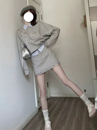 Spring Korean style outfits, a complete set of 2025 spring super beautiful dresses, gray sweatshirts and short skirts, two-piece suits