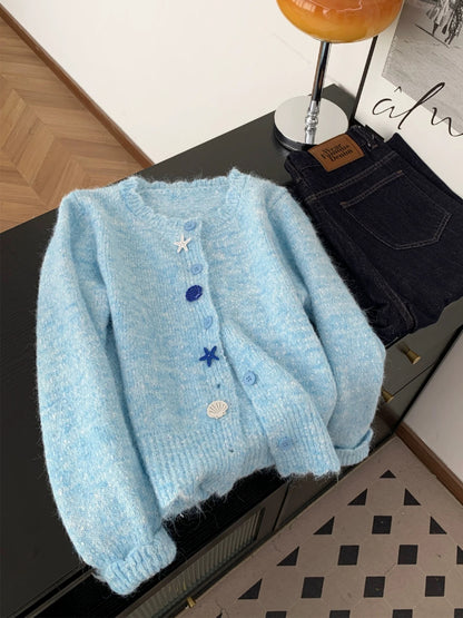 Korean style gentle style shell button knitted cardigan sweater women's autumn and winter age-reducing lazy casual soft glutinous top jacket