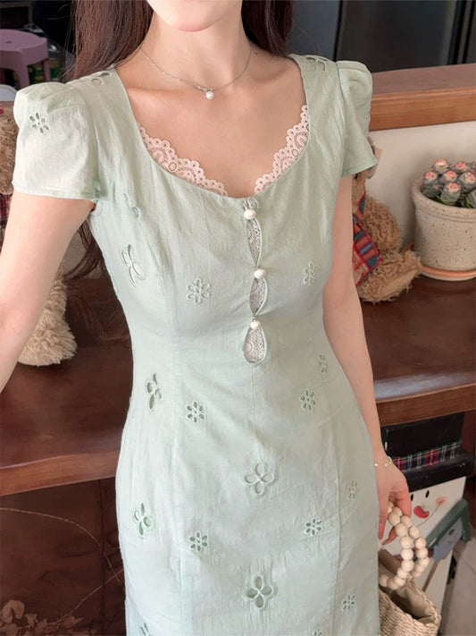 LILI Li Lijia [Mint Summer] French lace dress 2025 summer new mint mambo green dress