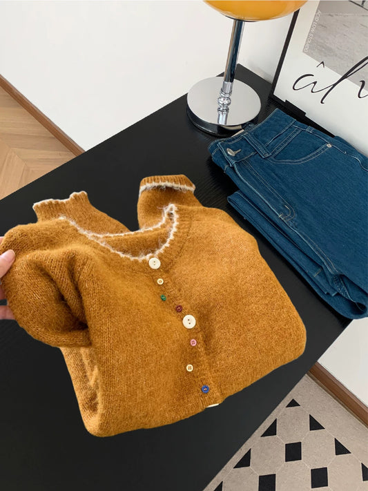 Korean retro design colorful button sweater jacket women autumn and winter lazy soft contrast color knitted cardigan top