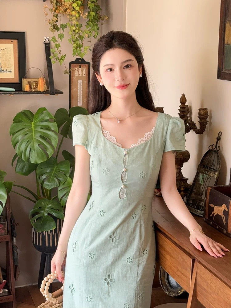 LILI Li Lijia [Mint Summer] French lace dress 2025 summer new mint mambo green dress
