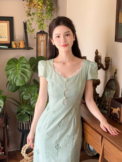 LILI Li Lijia [Mint Summer] French lace dress 2025 summer new mint mambo green dress