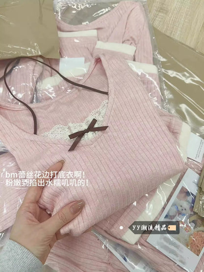 Fake two-piece lace splicing halter neck long-sleeved spring women's knitted sweater design slim pure desire style top