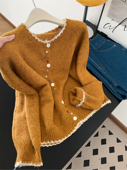 Korean retro design colorful button sweater jacket women autumn and winter lazy soft contrast color knitted cardigan top