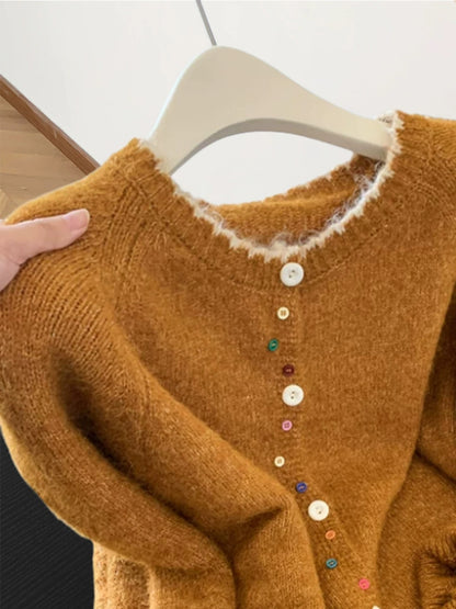 Korean retro design colorful button sweater jacket women autumn and winter lazy soft contrast color knitted cardigan top