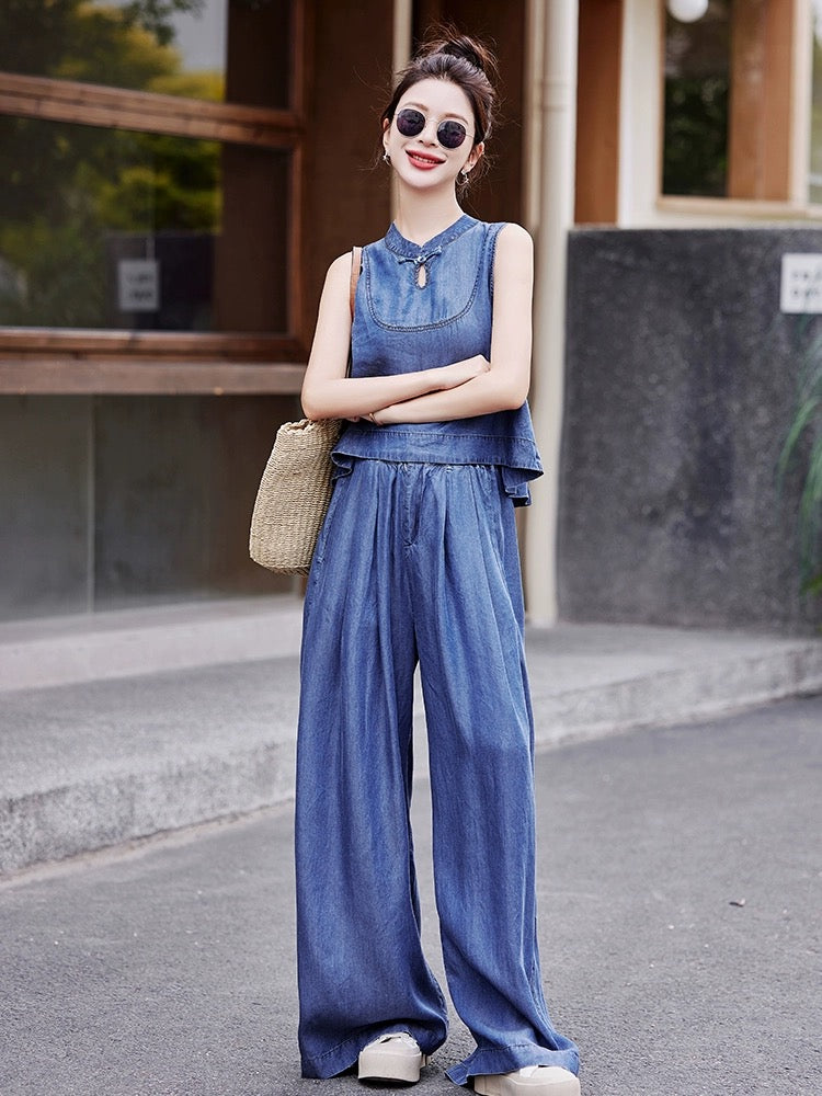 Tencel denim fashion suit for women 2024 summer new national style sleeveless top floor-length wide-leg pants two-piece set