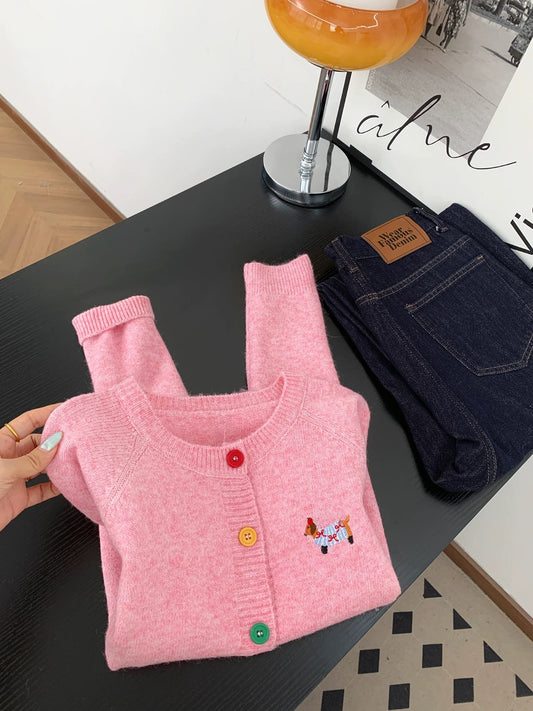 Dopamine Pink Puppy Embroidery Round Neck Sweater Jacket Women's Autumn Sweet Color Button Knitted Cardigan Top