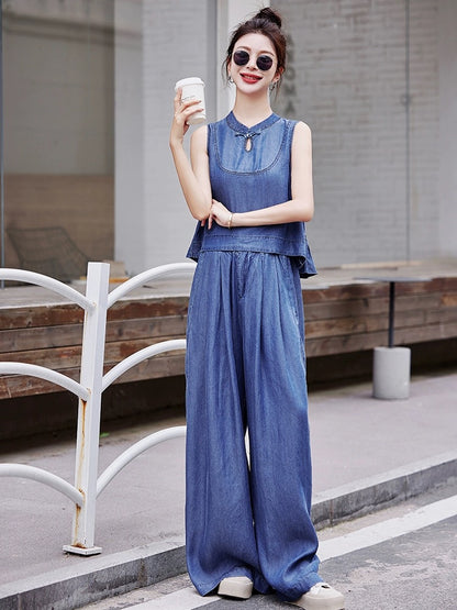 Tencel denim fashion suit for women 2024 summer new national style sleeveless top floor-length wide-leg pants two-piece set