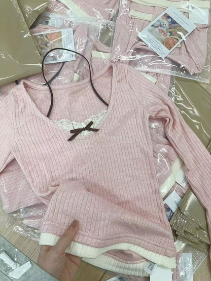 Fake two-piece lace splicing halter neck long-sleeved spring women's knitted sweater design slim pure desire style top