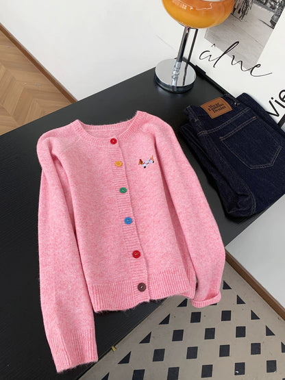 Dopamine Pink Puppy Embroidery Round Neck Sweater Jacket Women's Autumn Sweet Color Button Knitted Cardigan Top
