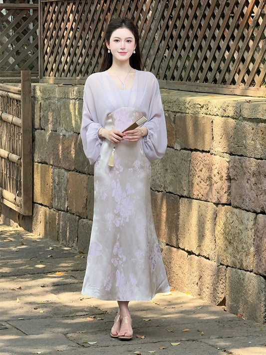 LILI Li Lijia [Zixia] New Chinese style fake two-piece long skirt summer new satin jacquard fishtail dress