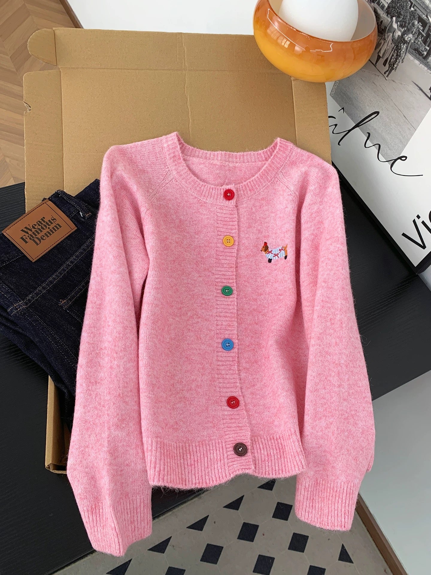 Dopamine Pink Puppy Embroidery Round Neck Sweater Jacket Women's Autumn Sweet Color Button Knitted Cardigan Top
