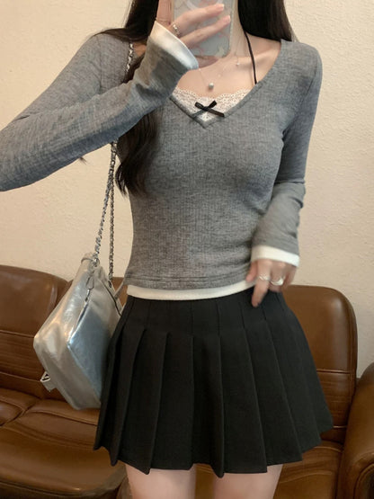 Fake two-piece lace splicing halter neck long-sleeved spring women's knitted sweater design slim pure desire style top