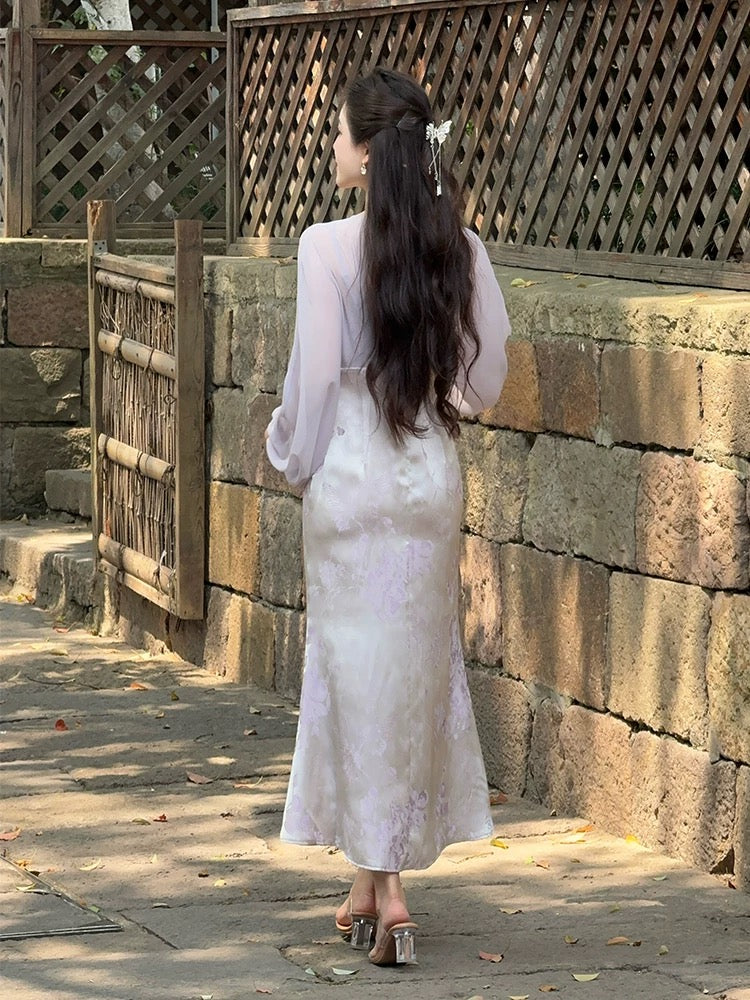 LILI Li Lijia [Zixia] New Chinese style fake two-piece long skirt summer new satin jacquard fishtail dress