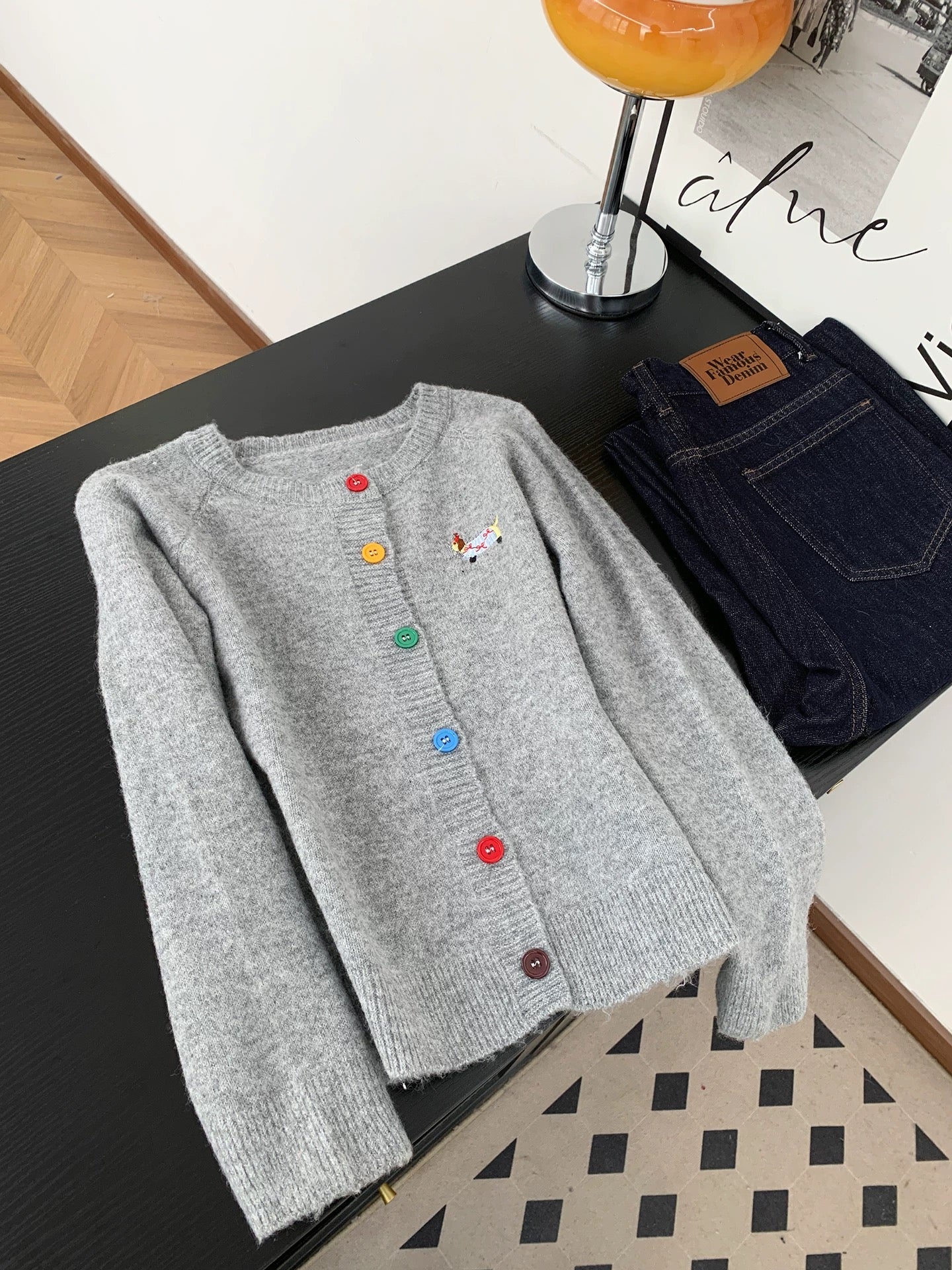 Dopamine Pink Puppy Embroidery Round Neck Sweater Jacket Women's Autumn Sweet Color Button Knitted Cardigan Top