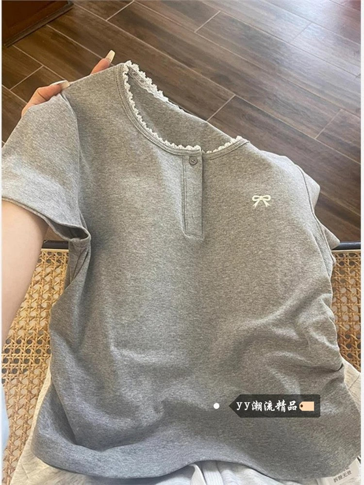 Korean style gray half button lace splicing short-sleeved T-shirt female summer casual top niche slim hot girl