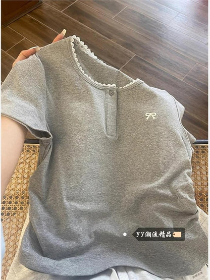 Korean style gray half button lace splicing short-sleeved T-shirt female summer casual top niche slim hot girl