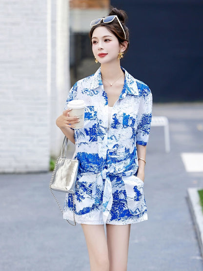 Fashionable casual short-sleeved shirt suit for women 2024 new summer vacation style loose wide-leg shorts two-piece set