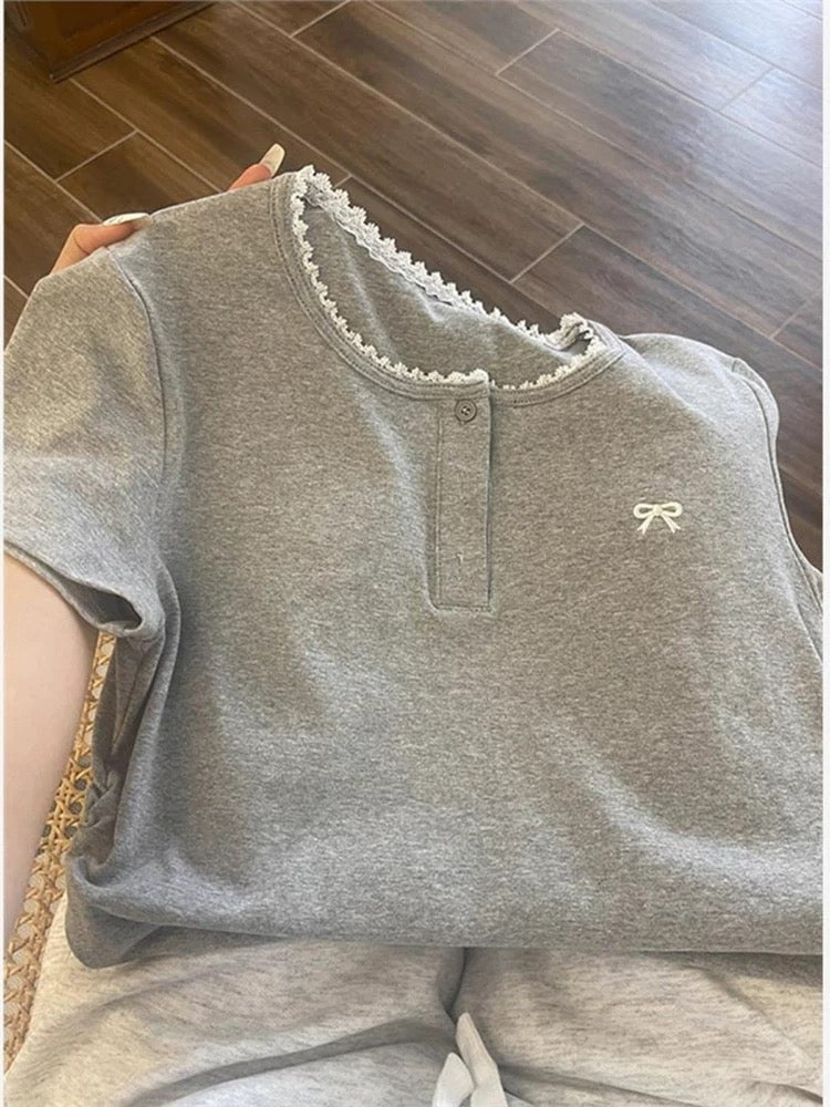 Korean style gray half button lace splicing short-sleeved T-shirt female summer casual top niche slim hot girl