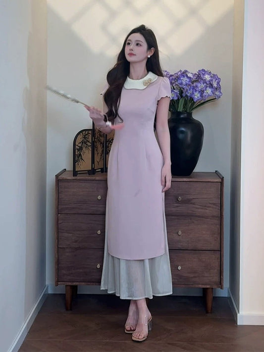 Qiqihenmang [Wanfu Manor] French style small doll collar long dress 2025 summer new fake two-piece dress