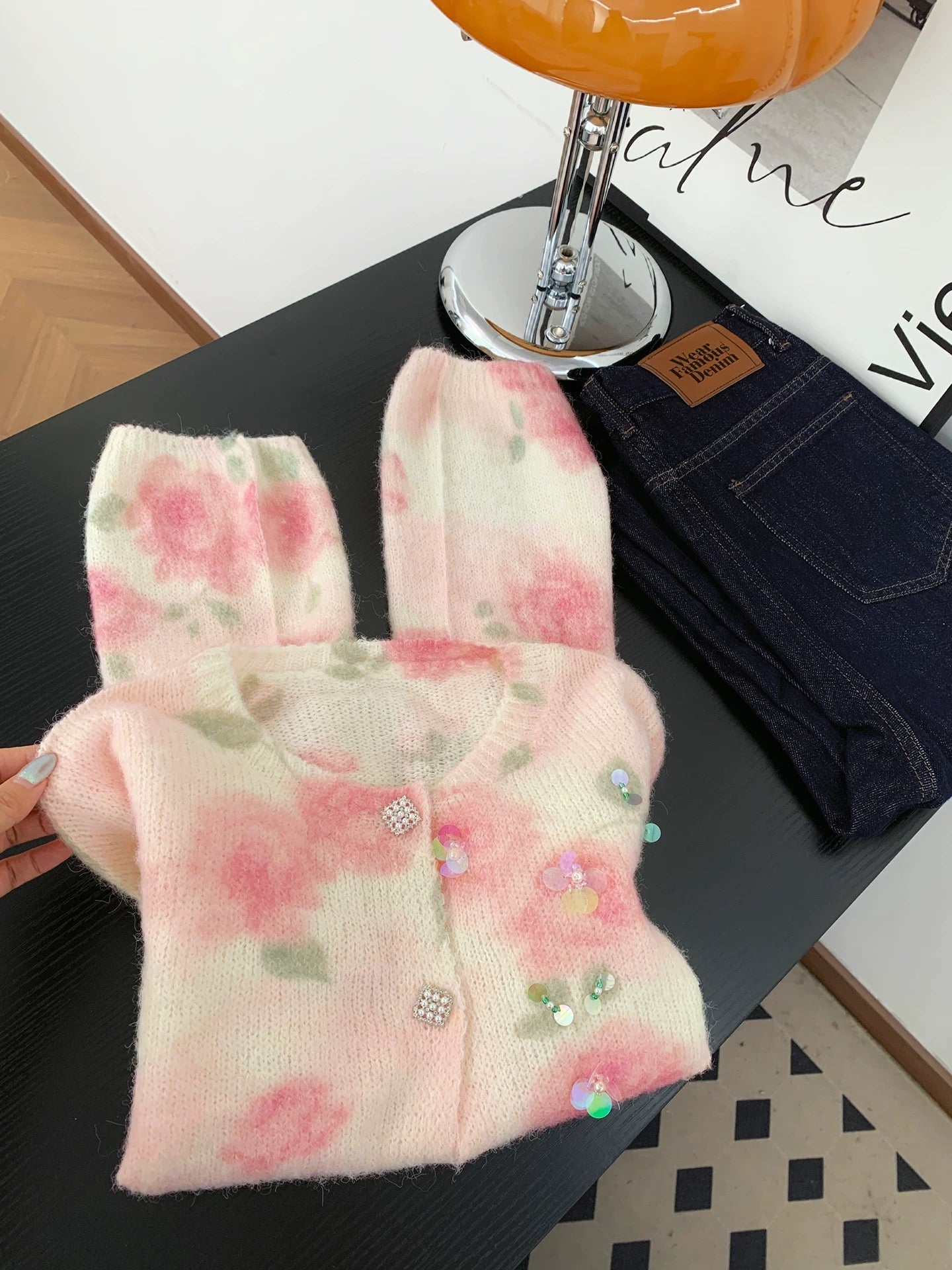 French romantic style pink flower gradient knitted cardigan women's autumn and winter beautiful fashion sequined sweater jacket top
