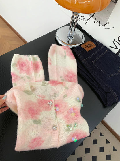 French romantic style pink flower gradient knitted cardigan women's autumn and winter beautiful fashion sequined sweater jacket top