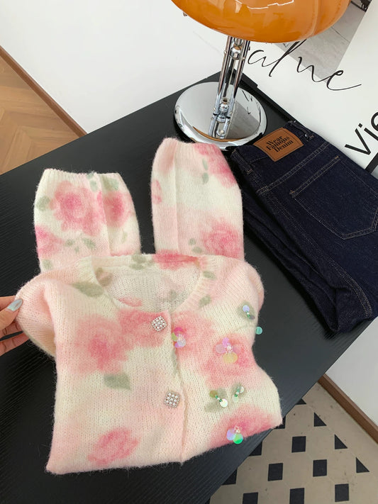 French romantic style pink flower gradient knitted cardigan women's autumn and winter beautiful fashion sequined sweater jacket top