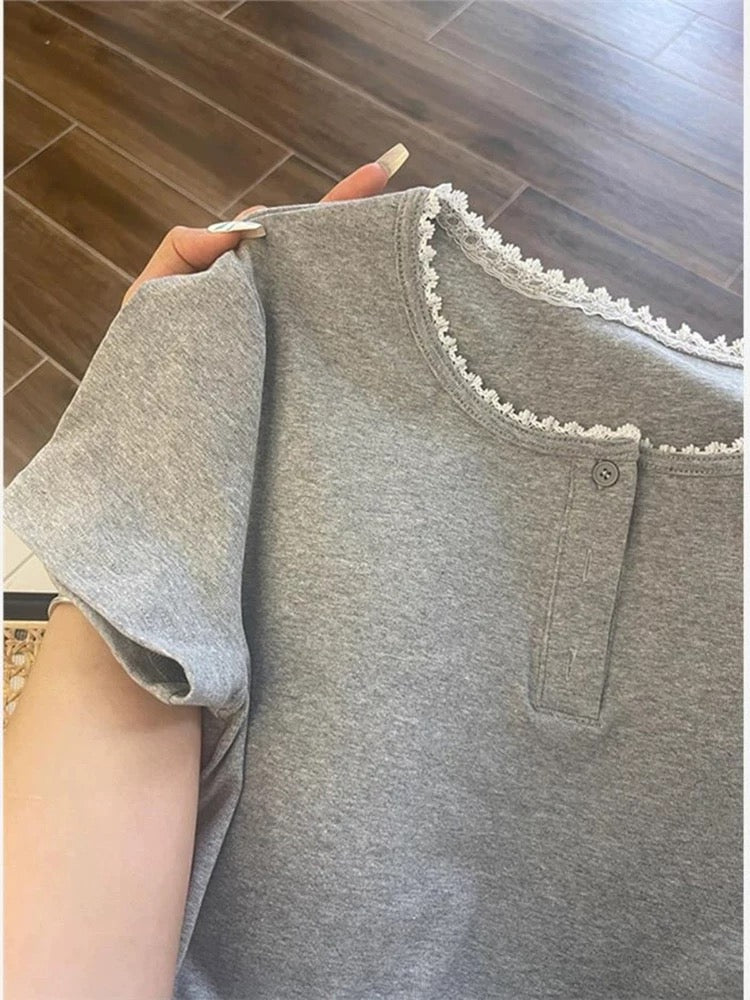 Korean style gray half button lace splicing short-sleeved T-shirt female summer casual top niche slim hot girl