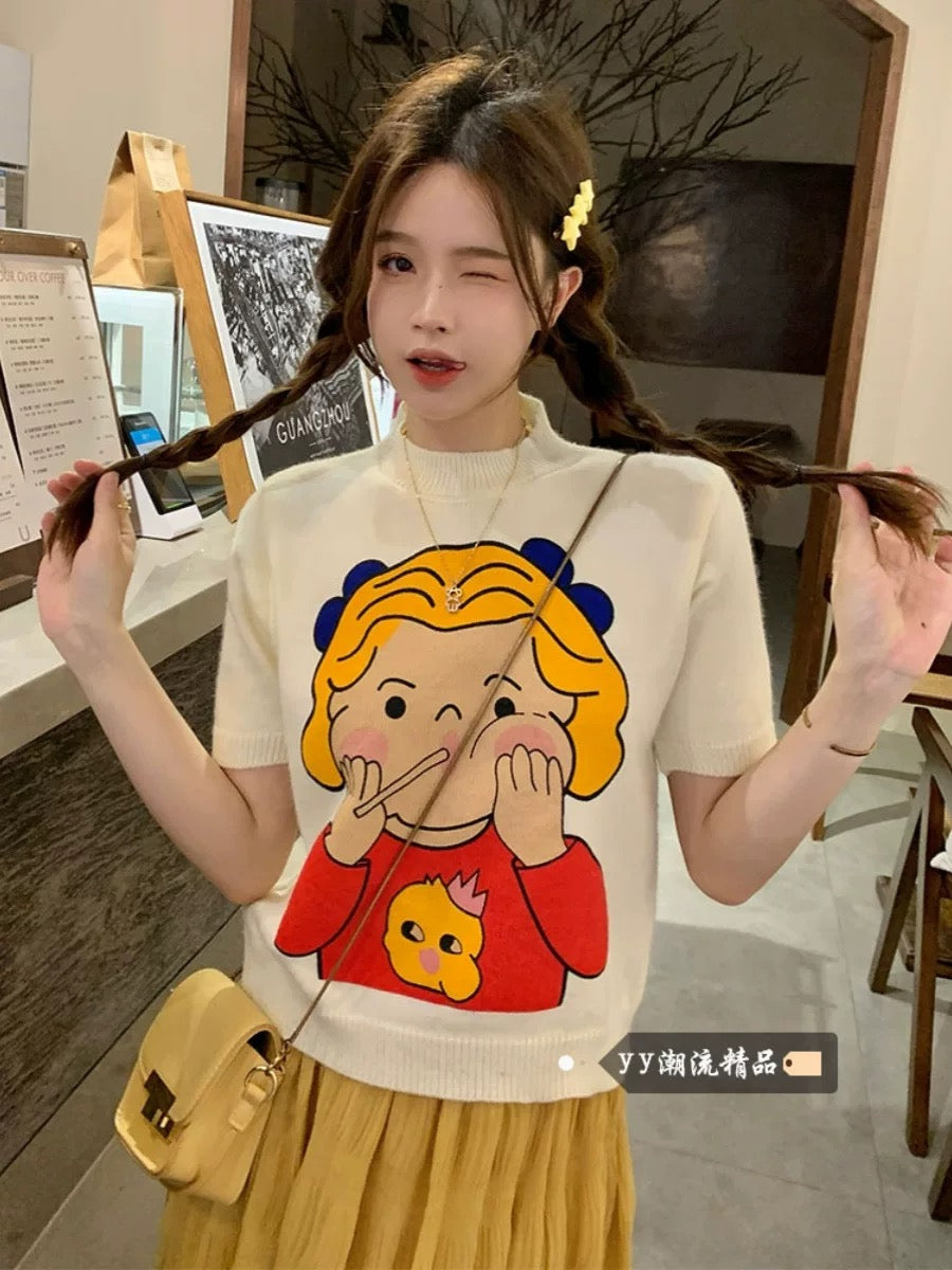 Cartoon print knitted short-sleeved T-shirt for women summer 2025 new loose short half-high collar bottoming top