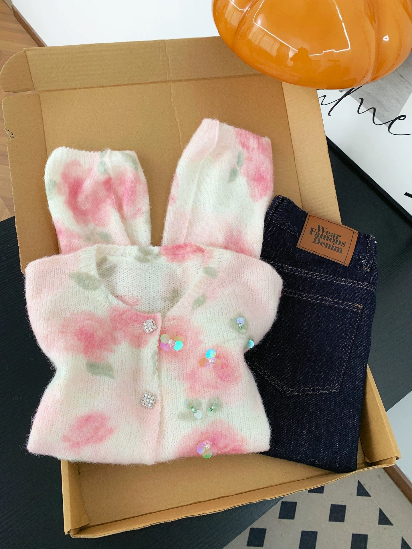 French romantic style pink flower gradient knitted cardigan women's autumn and winter beautiful fashion sequined sweater jacket top