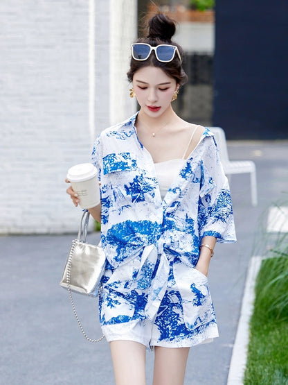 Fashionable casual short-sleeved shirt suit for women 2024 new summer vacation style loose wide-leg shorts two-piece set