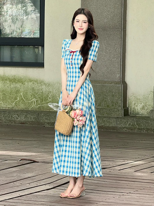 LILI Li Lijia [Grimm's Fairy Tales] French blues pastoral style long skirt 2025 summer new big swing dress