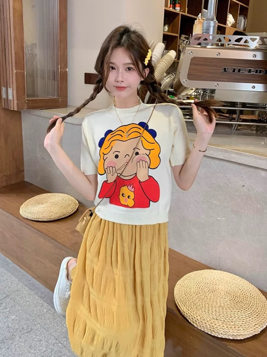 Cartoon print knitted short-sleeved T-shirt for women summer 2025 new loose short half-high collar bottoming top