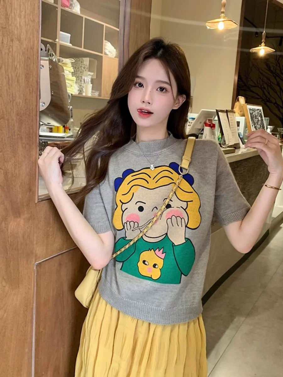 Cartoon print knitted short-sleeved T-shirt for women summer 2025 new loose short half-high collar bottoming top