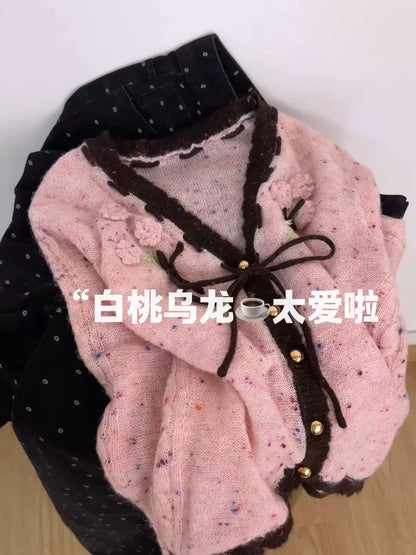 Korean sweet style age-reducing contrast color splash ink knitted cardigan women autumn and winter stylish V-neck strap handmade crochet sweater