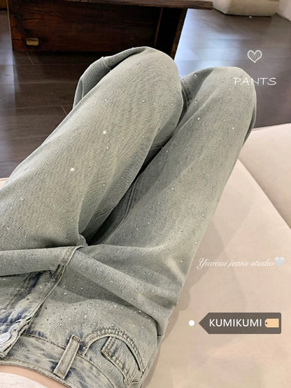 Designer diamond jeans for women spring slim pants high waist straight pants loose wide leg pants mopping pants trousers