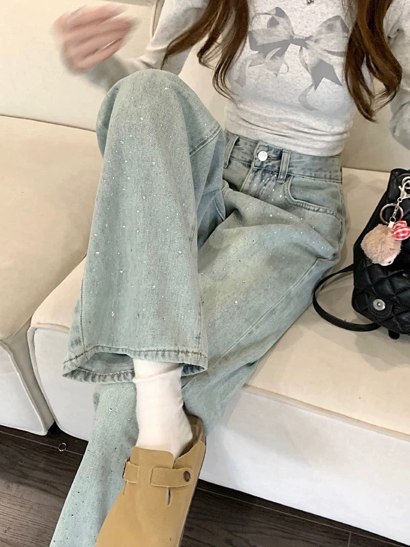 Designer diamond jeans for women spring slim pants high waist straight pants loose wide leg pants mopping pants trousers